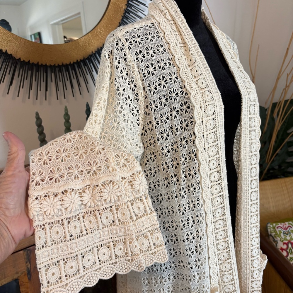 JOHNNY WAS Boho Cream Cotton Crochet & Lace Long Topper Duster Sweater Top! Lg